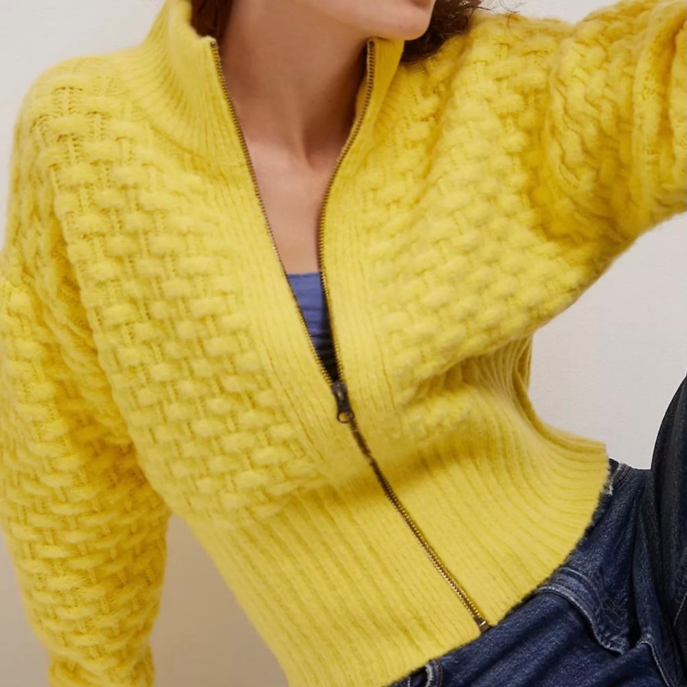 Anthropologie Maeve Buttercup Yellow Textured Knit Sweater Cardigan Size Small - Picture 2 of 6